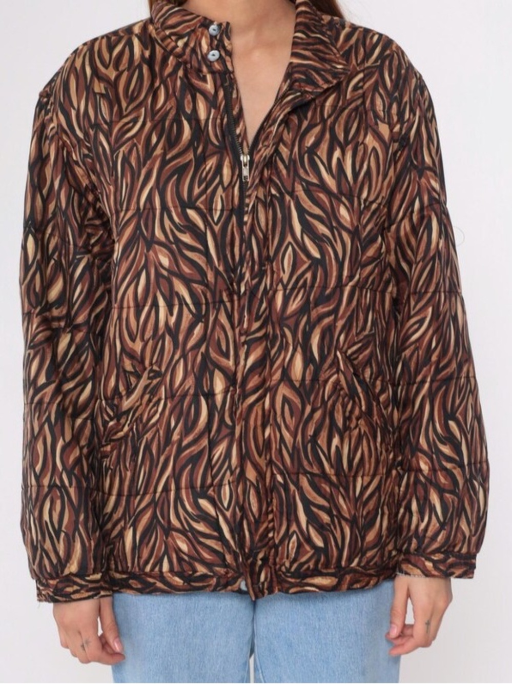 Women's Brown Leaf-Print Puffer Jacket